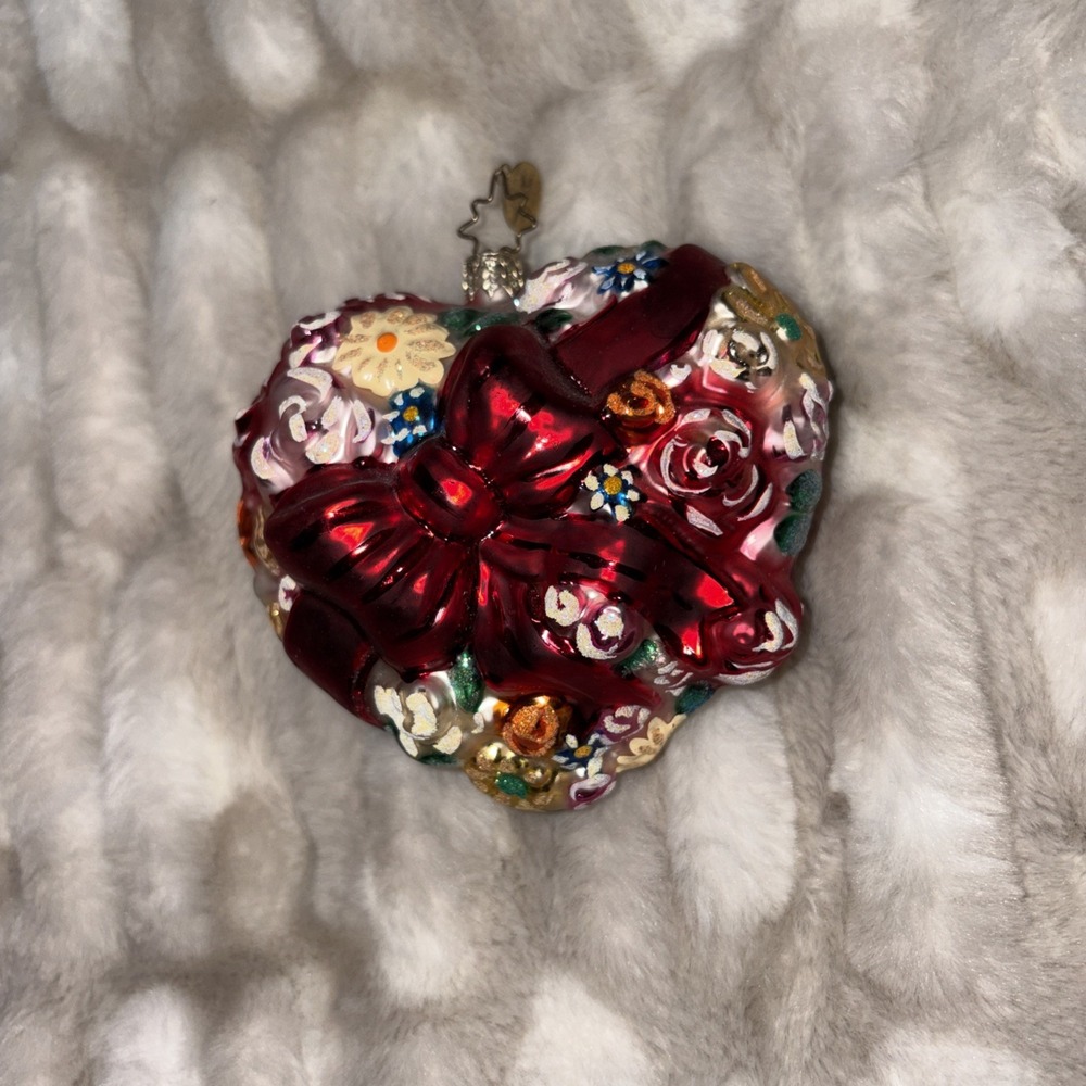 Christopher Radko Say it With Flowers Heart Ornament Intricate Floral Red Bow